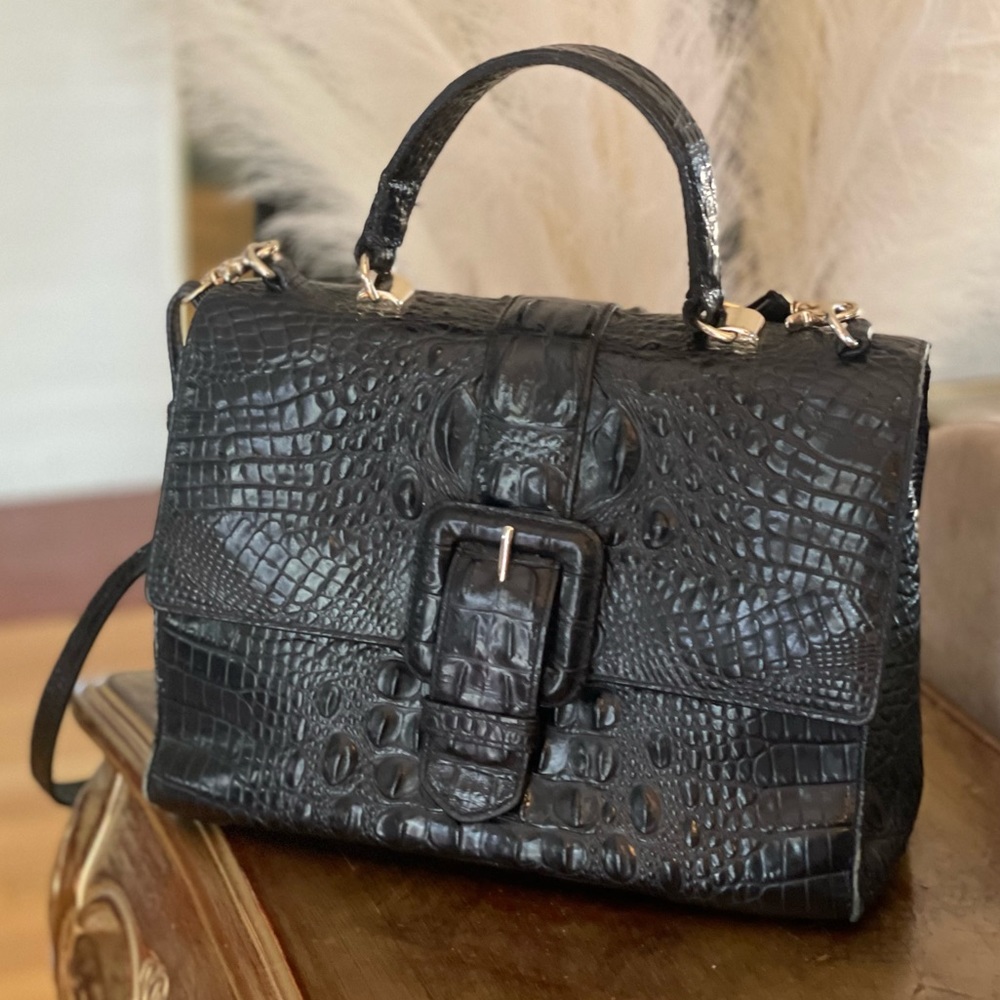 Brahmin Francine Black Melbourne Embossed Croc Leather Buckle Satchel